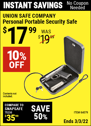 Buy the UNION SAFE COMPANY Personal Portable Security Safe (Item 64079) for $17.99, valid through 3/3/2022.