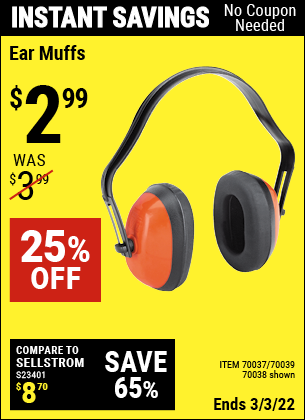 Buy the WESTERN SAFETY Industrial Ear Muffs (Item 70038/70037/70039) for $2.99, valid through 3/3/2022.