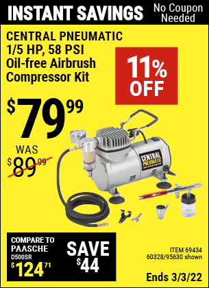 Buy the CENTRAL PNEUMATIC 1/5 HP 58 PSI Oil-Free Airbrush Compressor Kit (Item 95630/69434/60328) for $79.99, valid through 3/3/2022.