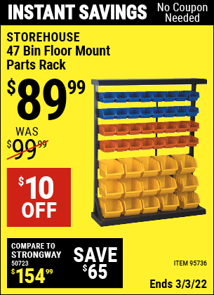 Buy the STOREHOUSE 47 Bin Floor Mount Parts Rack (Item 95736) for $89.99, valid through 3/3/2022.