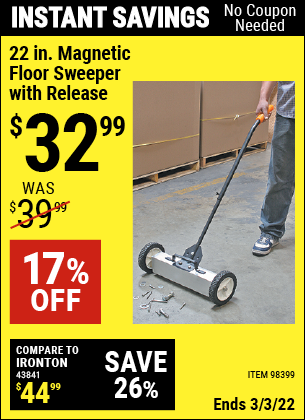 Buy the 22 In. Magnetic Floor Sweeper with Release (Item 98399) for $32.99, valid through 3/3/2022.