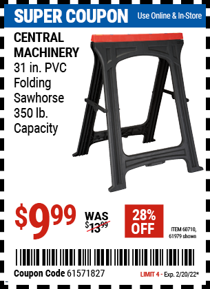 CENTRAL MACHINERY Foldable Sawhorse for $9.99 – Harbor Freight Coupons