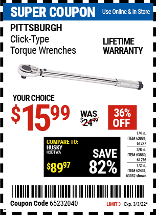 Pittsburgh Drive Click Type Torque Wrench For $15.99 – Harbor Freight  Coupons