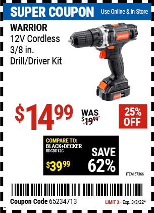 WARRIOR 12v Lithium-Ion 3/8 In. Cordless Drill/Driver for $14.99 ...