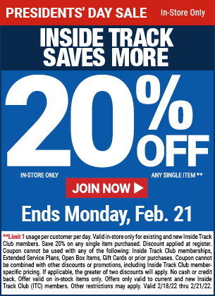 inside track members 20 off with no exclusions through monday 2 21 harbor freight coupons