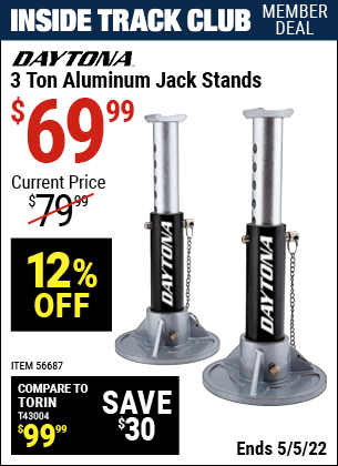 Inside Track Club members can buy the DAYTONA 3 Ton Aluminum Jack Stands (Item 56687) for $69.99, valid through 5/5/2022.