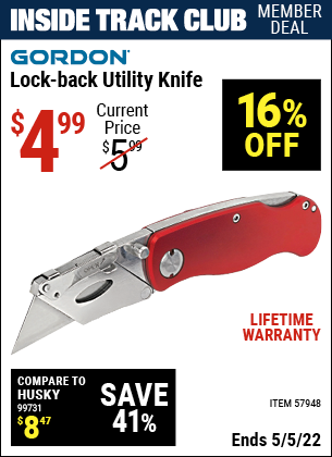 Inside Track Club members can buy the GORDON Lock-Back Utility Knife (Item 57948) for $4.99, valid through 5/5/2022.