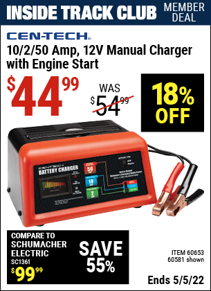 Inside Track Club members can buy the CEN-TECH 12V Manual Charger With Engine Start (Item 60581/60653) for $44.99, valid through 5/5/2022.