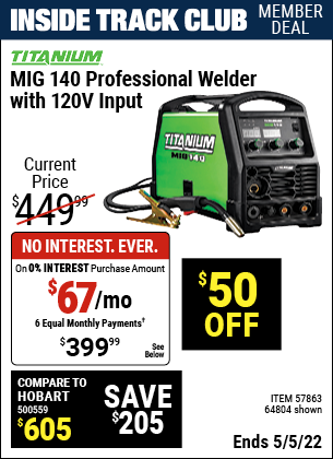 Inside Track Club members can buy the TITANIUM MIG 140 Professional Welder with 120 Volt Input (Item 64804/57863) for $399.99, valid through 5/5/2022.