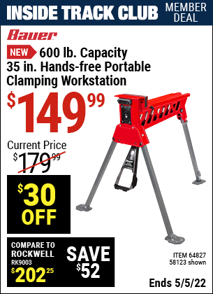 Inside Track Club members can buy the FRANKLIN Hands-Free Portable Workstation with 1 Ton Clamping Force (Item 64827/58123) for $149.99, valid through 5/5/2022.