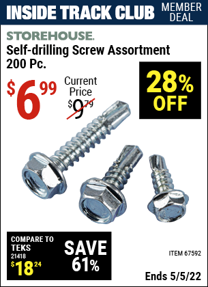 Inside Track Club members can buy the STOREHOUSE 200 Piece Self-Drilling Screw Assortment (Item 67592) for $6.99, valid through 5/5/2022.