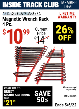 Inside Track Club members can buy the U.S. GENERAL Magnetic Wrench Rack 4 Pc. (Item 70023) for $10.99, valid through 5/5/2022.