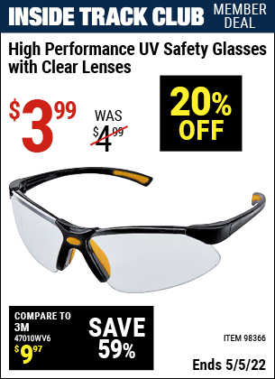 Inside Track Club members can buy the WESTERN SAFETY High Performance UV Safety Glasses with Clear Lenses (Item 98366) for $3.99, valid through 5/5/2022.