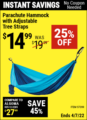 Buy the Parachute Hammock With Adjustable Tree Straps (Item 57399) for $14.99, valid through 4/7/2022.