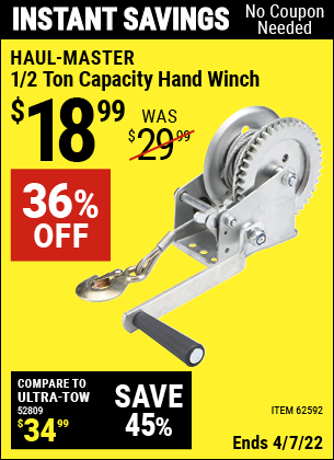 Buy the HAUL-MASTER 1/2 Ton Capacity Hand Winch (Item 62592) for $18.99, valid through 4/7/2022.