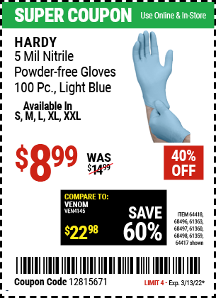 HARDY 5 Mil Nitrile Powder-Free Gloves 100 Pc for $8.99 – Harbor 