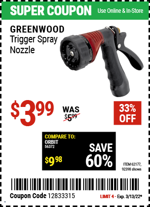 Buy the GREENWOOD Trigger Spray Nozzle (Item 92398/62177) for $3.99, valid through 3/13/2022.