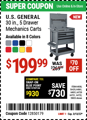 U.S. GENERAL Series 2 30 In. 5 Drawer Mechanic’s Cart for $199.99 ...