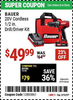 Buy the BAUER 20V Hypermax Lithium 1/2 In. Drill/Driver Kit (Item 63531/63531) for $49.99, valid through 3/13/2022.