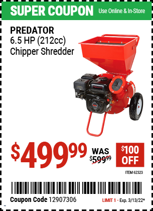 Buy the PREDATOR 6.5 HP (212cc) Chipper Shredder (Item 62323) for $499.99, valid through 3/13/2022.