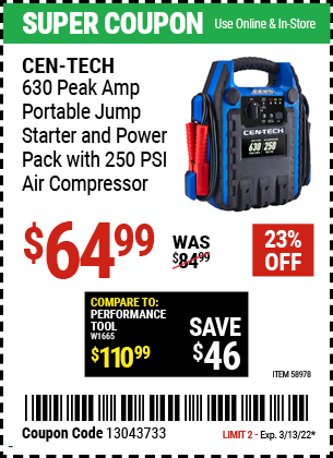 Buy the CEN-TECH 630 Peak Amp Portable Jump Starter and Power Pack with 250 PSI Air Compressor (Item 58978) for $64.99, valid through 3/13/2022.