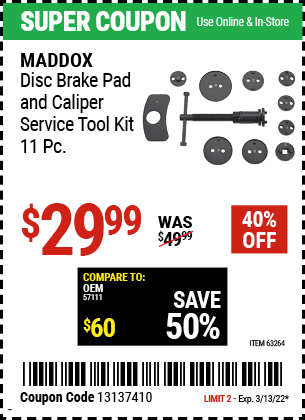 Buy the MADDOX Disc Brake Pad and Caliper Service Tool Kit 11 Pc. (Item 63264) for $29.99, valid through 3/13/2022.