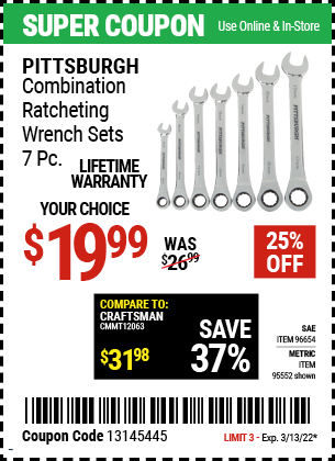 Buy the PITTSBURGH Metric Combination Ratcheting Wrench Set 7 Pc. (Item 95552/96654) for $19.99, valid through 3/13/2022.