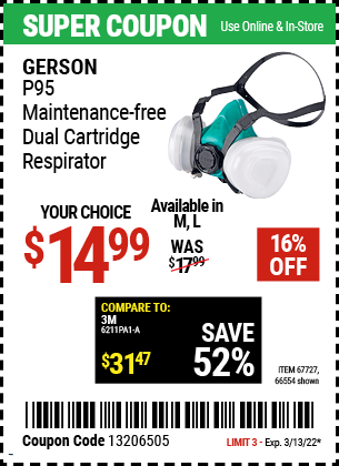 Buy the GERSON P95 Maintenance-Free Dual Cartridge Respirator Medium (Item 66554/67727) for $14.99, valid through 3/13/2022.