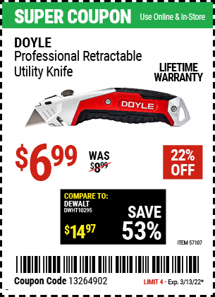 Buy the DOYLE Professional Retractable Utility Knife (Item 57107) for $6.99, valid through 3/13/2022.