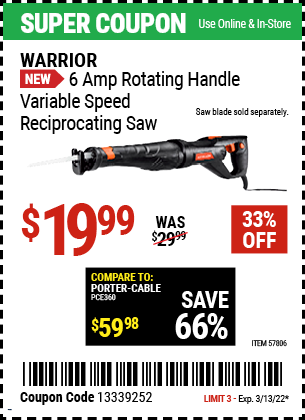 WARRIOR 6 Amp Rotating Handle Variable Speed Reciprocating Saw for $19. ...