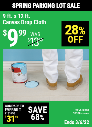 9 Ft. x 12 Ft. Canvas Drop Cloth for $9.99 – Harbor Freight Coupons