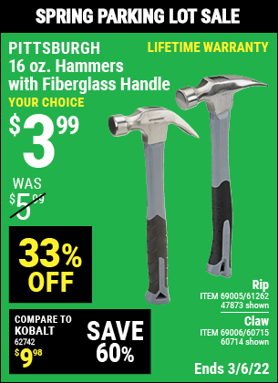 PITTSBURGH 16 oz. Fiberglass Rip Hammer for $3.99 – Harbor Freight Coupons