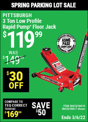 PITTSBURGH AUTOMOTIVE 3 Ton Low Profile Steel Heavy Duty Floor Jack With Rapid  Pump for $119.99 – Harbor Freight Coupons