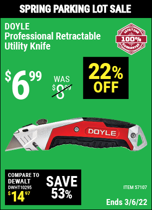 Buy the DOYLE Professional Retractable Utility Knife (Item 57107) for $6.99, valid through 3/6/2022.