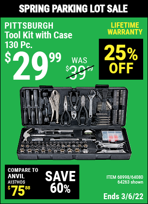 PITTSBURGH 130 Pc Tool Kit With Case for $29.99 – Harbor Freight Coupons