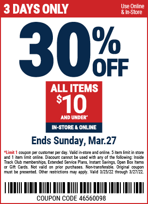 coupon 30 off items 10 and under thru sunday 3 27 harbor freight coupons