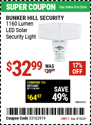 bunker hill 1160 lumen led solar security light