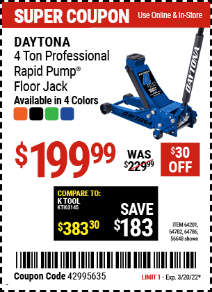 DAYTONA 4 Ton Professional Rapid Pump Floor Jack for $199.99 – Harbor  Freight Coupons