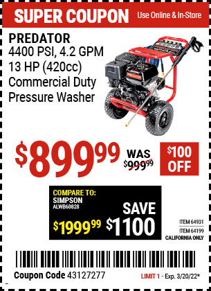 PREDATOR 4400 PSI 4.2 GPM 13 HP (420cc 