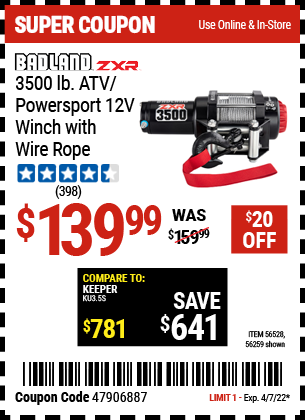Buy the BADLAND ZXR 3500 Lb. ATV/Powersport 12v Winch With Wire Rope (Item 56259/56528) for $139.99, valid through 4/7/2022.