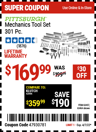 Buy the PITTSBURGH 301 Pc Mechanic's Tool Set (Item 63457/63457) for $169.99, valid through 4/7/2022.