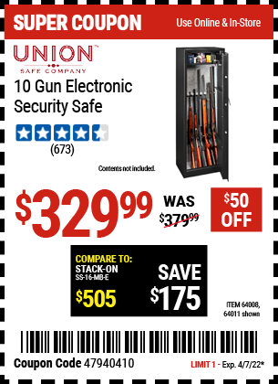 Buy the UNION SAFE COMPANY 10 Gun Electronic Security Safe (Item 64011/64008) for $329.99, valid through 4/7/2022.