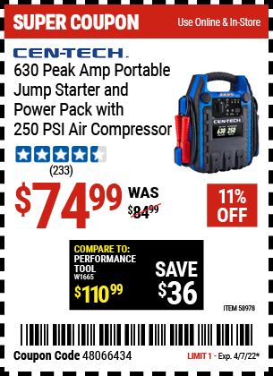 Buy the CEN-TECH 630 Peak Amp Portable Jump Starter and Power Pack with 250 PSI Air Compressor (Item 58978) for $74.99, valid through 4/7/2022.