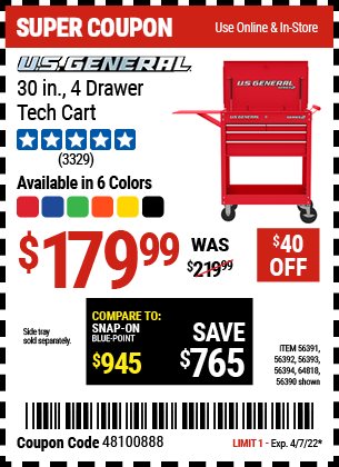 Buy the U.S. GENERAL 30 In. 4 Drawer Tech Cart (Item 64818/56390/56391/56387/56392/56393/56394/64096) for $179.99, valid through 4/7/2022.