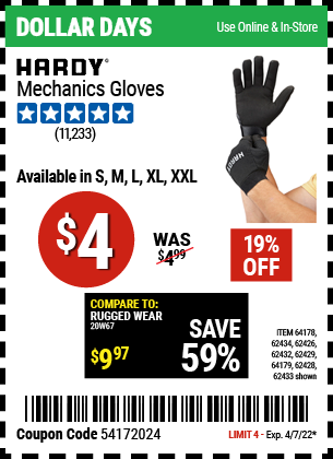 Buy the HARDY Mechanic's Gloves X-Large (Item 62432/62429/62433/62428/62434/62426/64178/64179 ) for $4, valid through 4/7/2022.