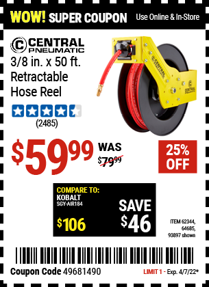 Buy the CENTRAL PNEUMATIC 3/8 In. X 50 Ft. Retractable Hose Reel (Item 93897/62344/64685) for $59.99, valid through 4/7/2022.