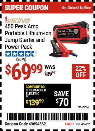 Buy the VIKING Lithium Ion Jump Starter and Power Pack (Item 62749) for $69.99, valid through 4/7/2022.