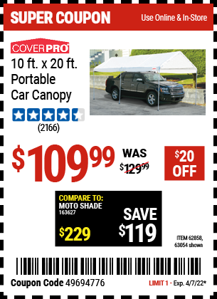 Buy the COVERPRO 10 Ft. X 20 Ft. Portable Car Canopy (Item 62858/62858) for $109.99, valid through 4/7/2022.