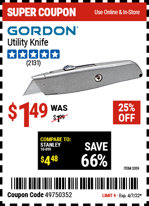 Buy the GORDON Retractable Utility Knife (Item 03359) for $1.49, valid through 4/7/2022.