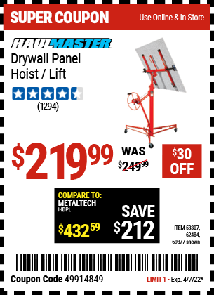 Buy the FRANKLIN 150 lb. Capacity Drywall Panel Hoist (Item 58307/69377/62484) for $219.99, valid through 4/7/2022.